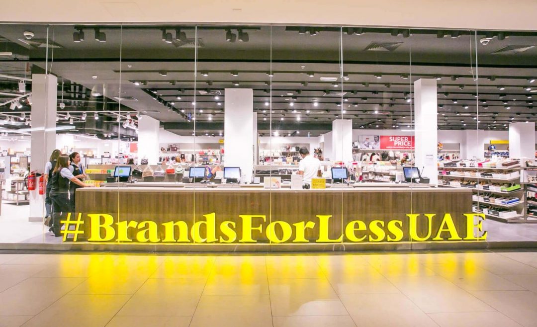 Brand for Less store in Dubai Mall showcasing discounted branded items